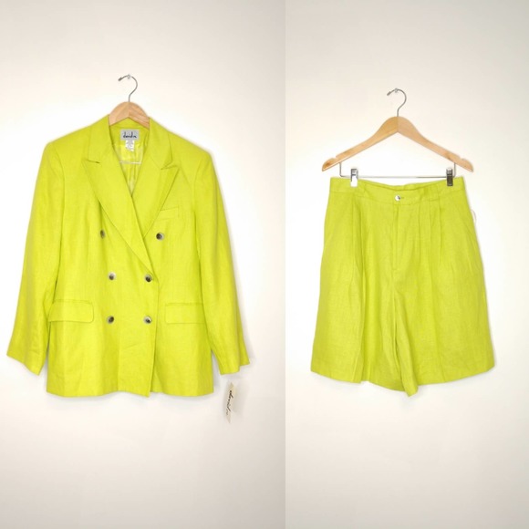 Vintage Jackets & Blazers - Vintage 90’s Blazer & Shorts Set Lime Green Linen Large Tagged as a 16